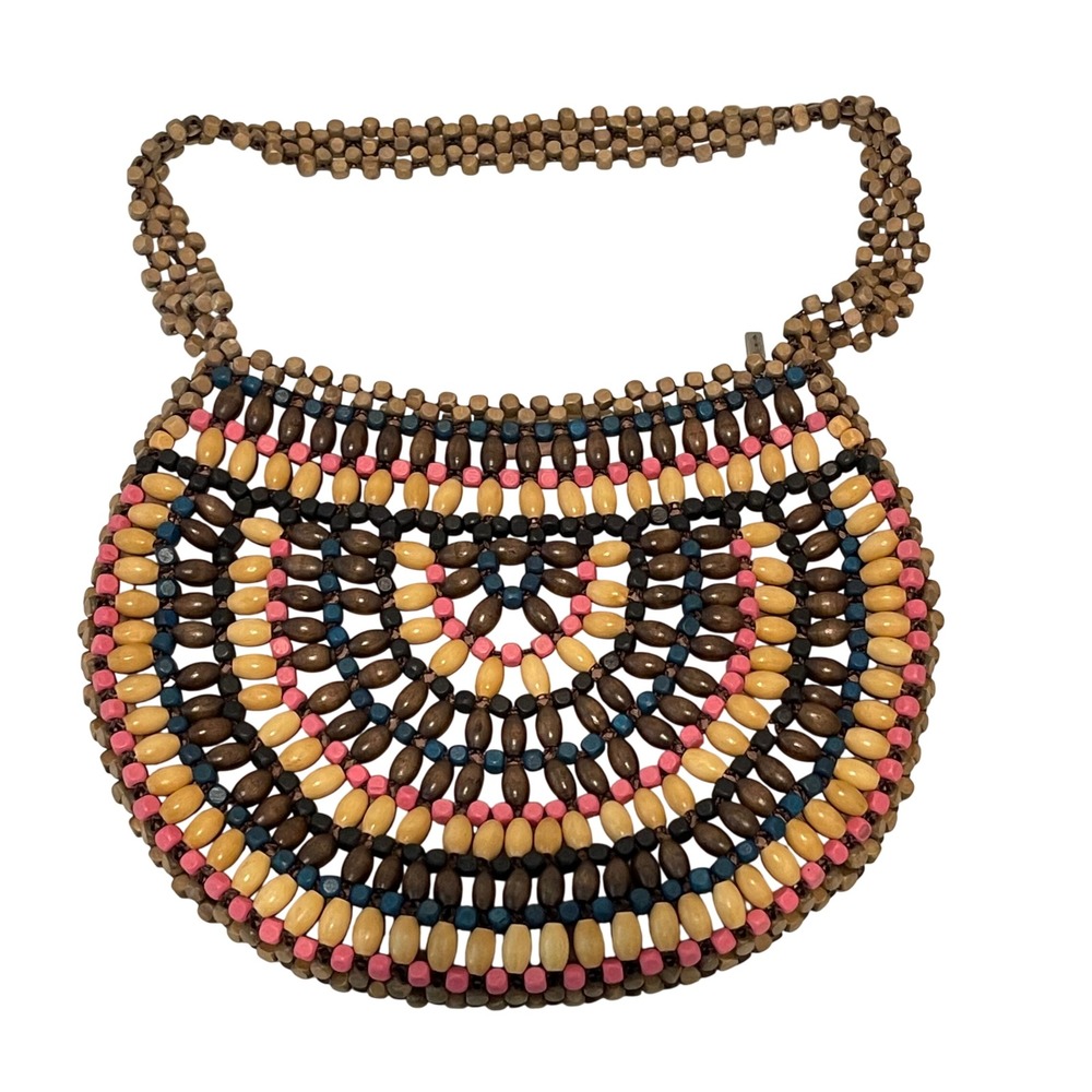 The Sak Beaded Shoulder Bag Womens Medium Multi Color Boho Wood Bead Mosaic Zip - Picture 3 of 10